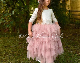 Beautiful Dusty Pink Rose Boho 2 Piece Tulle Skirt and Lace Top - Rustic Beach Bohemian Wedding Flower Girls Dress