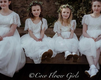 Pretty Long White Tulle Lace Flutter Sleeves Flower Girl Dress - Ice White - Bohemian Rustic Hippy Beach Style