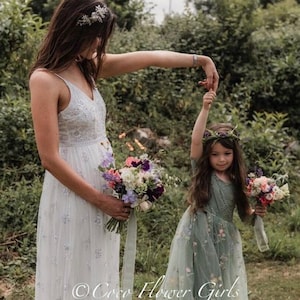 Boho Bridal Fern Green Embroidered Beautiful Long Length Sage Green Lace 3/4 Sleeves Bohemian Hippy Beach Rustic Style Flower Girl Dress