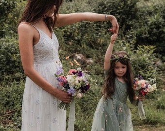 Boho Bridal Fern Green Embroidered Beautiful Long Length Sage Green Lace 3/4 Sleeves Bohemian Hippy Beach Rustic Style Flower Girl Dress