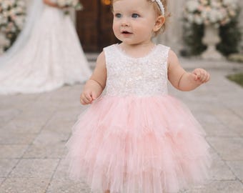 Rustic Boho Flower Girl Dress Blush Pink Vintage Ruffles Applique Wedding Bridesmaid Couture