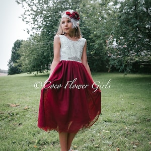 Sleeveless Classic Bohemian Style Tea Knee Length Lace Flower Girl Bridesmaid Dress - Burgundy Wine
