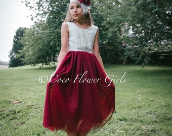 Ärmelloses Klassisches Boho Style Tee Knielang Spitze Blume Mädchen Brautjungfernkleid - Weinrot