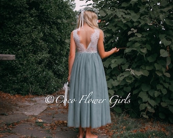 Sleeveless Classic Bohemian Style Long Length Lace Flower Girl Bridesmaid Dress and Diamante Sash - Sage Green