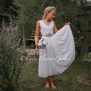 Beautiful Boho Dress Flower Girls Dress Baptism Christening Dress - White Occasion Classic Lace Dress Optional Sash