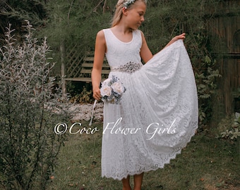 Beautiful Boho Dress Flower Girls Dress Baptism Christening Dress - White Occasion Classic Lace Dress Optional Sash