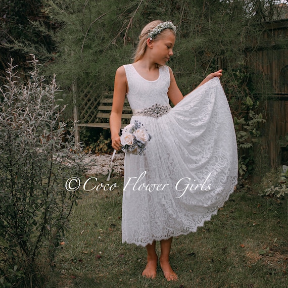 Beautiful Boho Dress Flower Girls Dress Baptism Christening Dress - White Occasion Classic Lace Dress Optional Sash