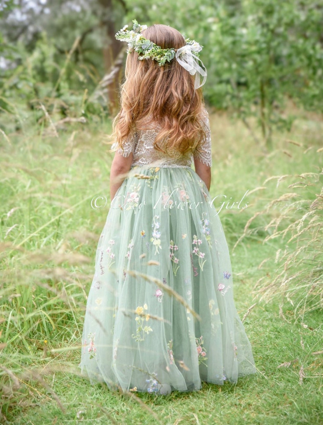 Charming Sage Green Tulle Floral Embroidered Flower Girl Dress