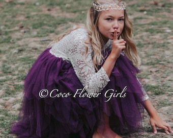Bohemian Purple Flower Girl Dress with Ruffles and Lace for Toddler Bridesmaid