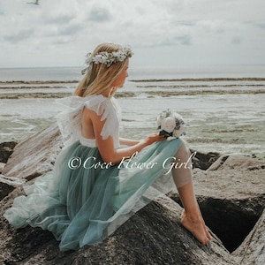 Beautiful Boho Rustic Butterfly Inspired High Low Flower Girl Dress - Beach Bridal Wedding Occasion Dress - Sage Green
