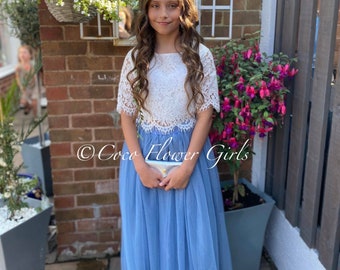 Beautiful Lace Crop Top and Long Layered Princess Tulle Skirt Separates Bohemian Flower Girl Style - Dusty Blue