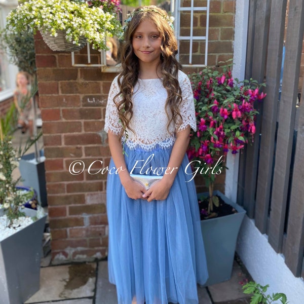 Boho Rustic Boho Beautiful Lace Crop Top and Long Layered Princess Tulle Skirt Flower Girl Style - Dusty Blue