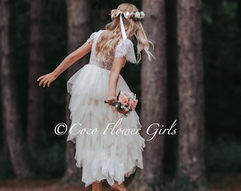 Boho Tüll Kleid Ivory Creme Blumenmädchen Strand Brautkleid Kleinkind Baby Kleid Braut Rustikal Boho - Lange Rüschen und Flattern Ärmel