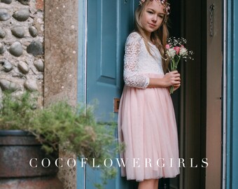 Long Sleeve Lace Tea/Knee Length Tulle Blush Pink Peach Bohemian Vintage Classic Flower Girl Dress - Optional Colour Sash