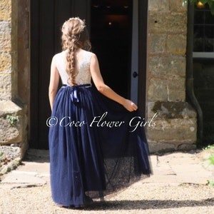 Classic Boho Dress Flower Girl Dress Sleeveless Style Long Calf Length Lace Flower Girl Bridesmaid Dress - Navy Blue