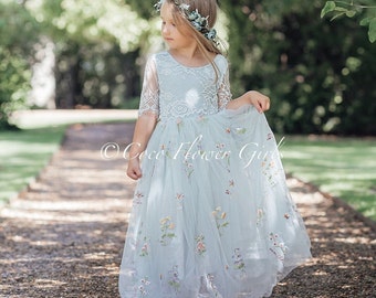 Boho Bridal Baby Blue Embroidered Beautiful Long Length Lace Sleeve Bohemian Hippy Beach Rustic Style Flower Girl Dress Junior Bridesmaid