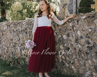 Elegant Bohemian Lace & Tulle Flower Girl Dress - Long Sleeve Burgundy Bridesmaid Gown for Rustic Wedding