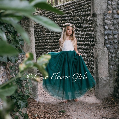 White Lace Flower Girl Dress Hunter Green Long Sleeve Wedding Etsy