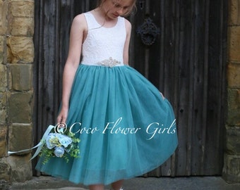 Sleeveless Knee / Tea Length Teal Blue Green Bohemian Flower Girl Boho Bridal Dress - with Optional Diamante Sash