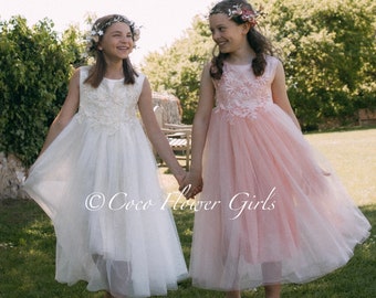 SALE Flower Girl Occasion Dress Cream or Peach Flower Floaty Bohemian Flower Girl Junior Bridesmaid Dress - Pretty Flower Bodice