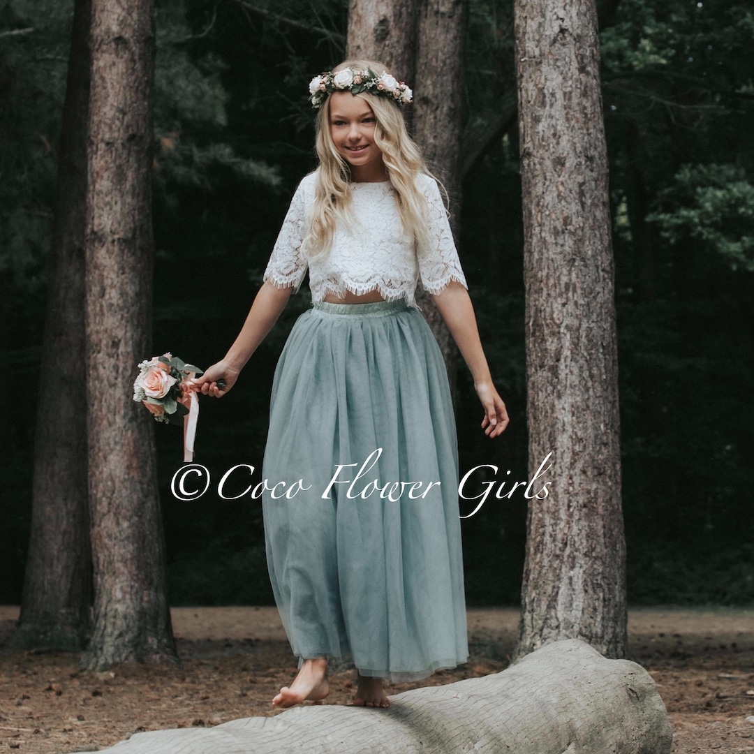Boho Lace Crop Top With Long Layered Skirt for Flower Girls