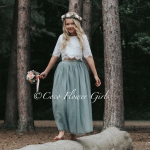 Beautiful Bridal Flower Girl Dress Set Lace Crop Top and Long Layered Princess Tulle Skirt Set - Sage Green