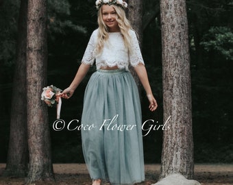 Beautiful Bridal Flower Girl Dress Set Lace Crop Top and Long Layered Princess Tulle Skirt Set - Sage Green