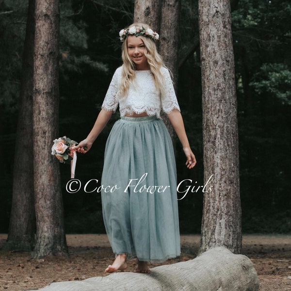 Beautiful Bridal Flower Girl Dress Set Lace Crop Top and Long Layered Princess Tulle Skirt Set - Sage Green