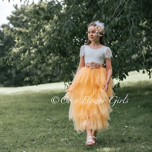 Rustic Boho Yellow Flower Girl Dress with Ruffles and Flutter Sleeve SALE