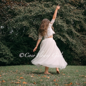 Beautiful Rustic Wedding Flower Girl Boho Dress Set Lace Crop Top and Long Layered Princess Tulle Skirt - Ivory Cream