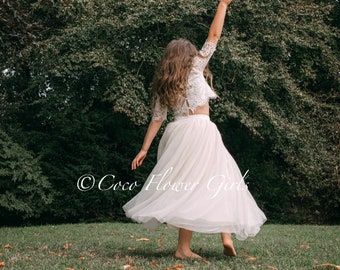 Beautiful Rustic Wedding Flower Girl Boho Dress Set Lace Crop Top and Long Layered Princess Tulle Skirt - Ivory Cream