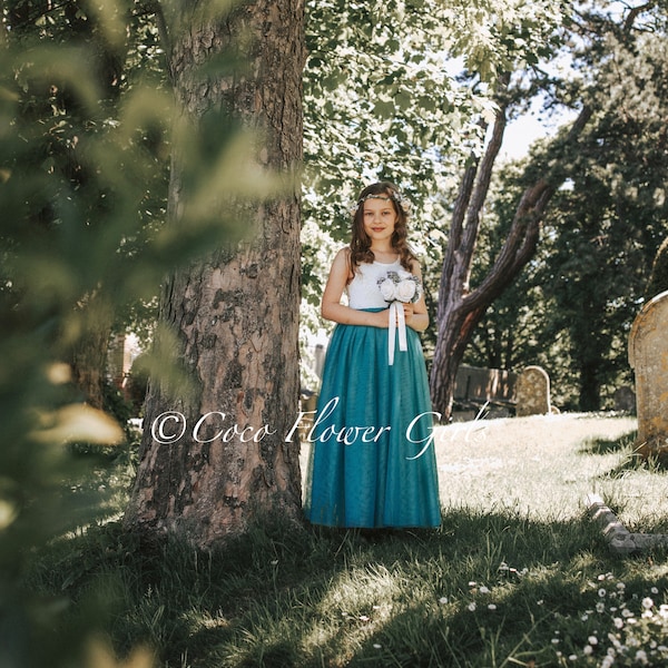 Sleeveless Long Length Teal Blue Green Bohemian Flower Girl Boho Bridal Dress - with Optional Diamante Sash