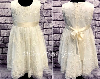 Baby Girls Classic Bridal Christening Dress Antique Ivory Lace and Ribbon Flower Girl Dress