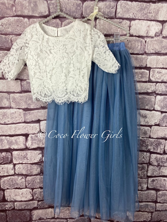 Beautiful Rustic Boho Lace Crop Top and Long Layered Princess Tulle Skirt Separates Bohemian Flower Girl Style - Smoky Blue Beautiful Rustic Boho Lace Crop Top and Long Layered Princess Tulle Skirt Separates Bohemian Flower Girl Style - Smoky Blue