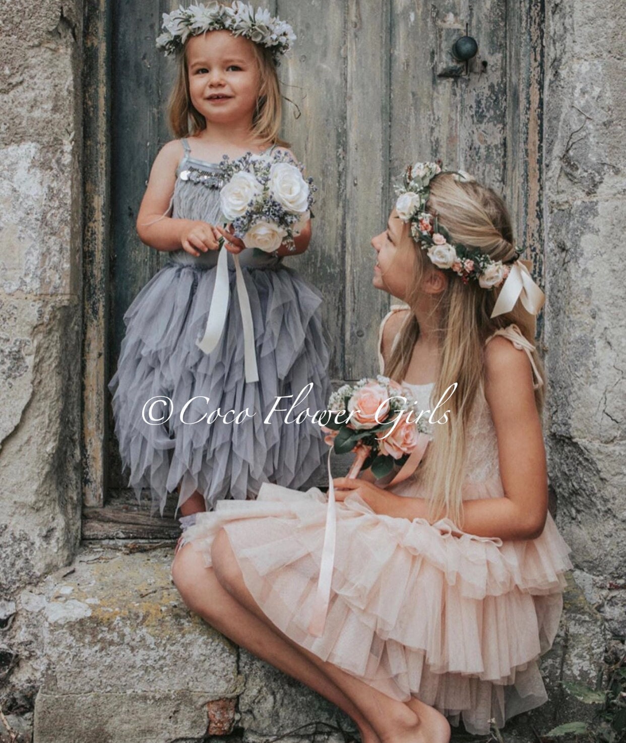 SALE Couture Silver Grey Flower Girl Feather and Ruffles SALE Couture Silver Grey Flower Girl Feather and Ruffles