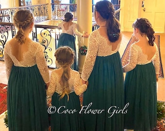 Schöne Hochzeit Boho Style Lange Länge Tüll und Spitze 3/4 Ärmel Jägergrün Smaragdgrün Klassisch Boho Blumenmädchen Kleid