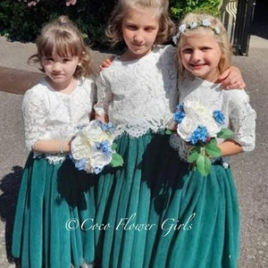 Beautiful Boho Rustic Bridal Flower Girl Dress Set Lace Crop Top and Long Layered Princess Tulle Skirt Set - Hunter Emerald Green