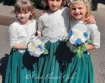 Beautiful Boho Rustic Bridal Flower Girl Dress Set Lace Crop Top and Long Layered Princess Tulle Skirt Set - Hunter Emerald Green