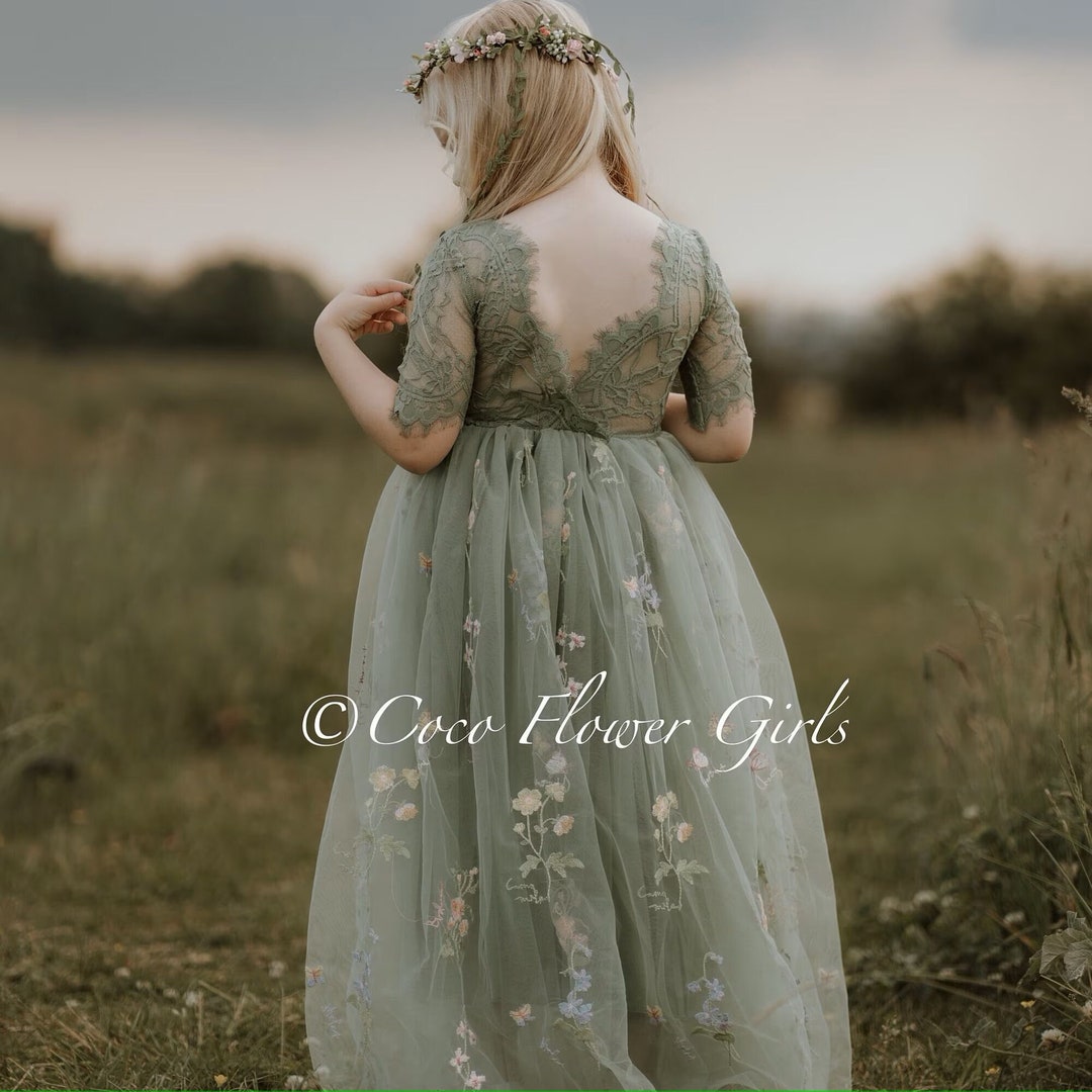 Sage Green Flower Girl Dress Fern Embroidered Floral Woodland Junior ...