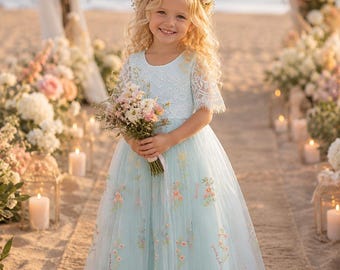 etsy junior bridesmaid dresses Blue Satin Girls Dress,junior Bridesmaid Dress,girl Wedding Dress,toddler  Dress,girl Formal Dress,girl Party Dress,ivory Flower Girl Dress