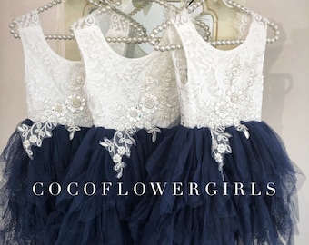Best Selling Rustic Beach Wedding Flower Girl Dress Very Pretty Vintage Bohemian Style Ruffles with Applique - Navy Blue