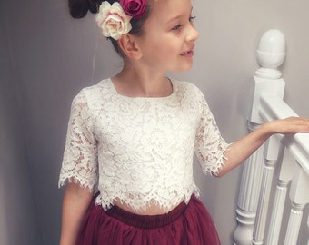 Beautiful 3/4 Sleeve or Sleeveless Vintage Lace Girls Crop Top - Off White - Boho Bohemian Vintage Lace - Off White - Rustic