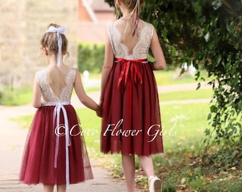 Ärmellos Klassische Boho Style Tee Knielangen Spitze Blumenmädchen Brautjungfer Kleid - Burgundy Wine