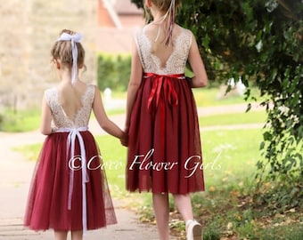 Sleeveless Classic Bohemian Style Tea Knee Length Lace Flower Girl Bridesmaid Dress - Burgundy Wine