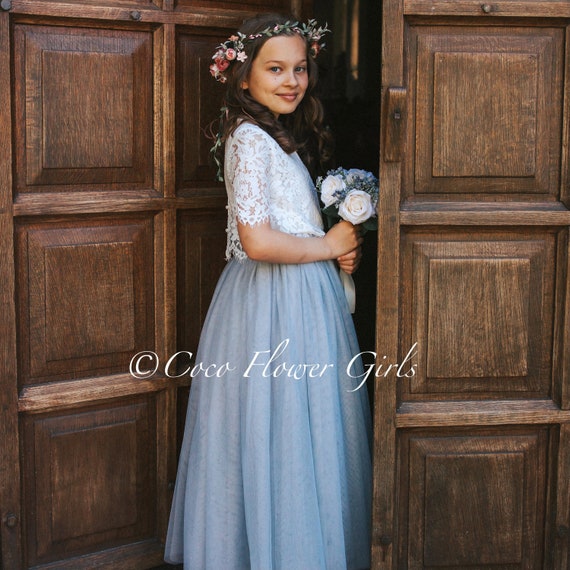 Silver Grey Beautiful Bridal Flower Girl Dress Set Lace Crop Top and Long Layered Princess Tulle Skirt Set