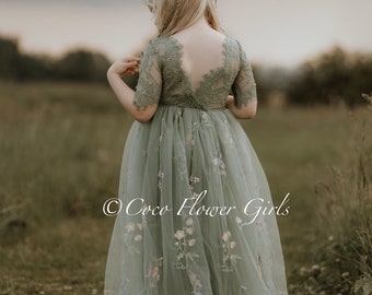 Embroidered Floral Sage Green Tulle Bohemian Junior Bridesmaid Dress