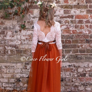 Three Quarter Sleeve Classic Bohemian Style Long Length Lace Flower Girl Bridesmaid Dress - Burnt Orange Rustic Autumnal Boho Wedding