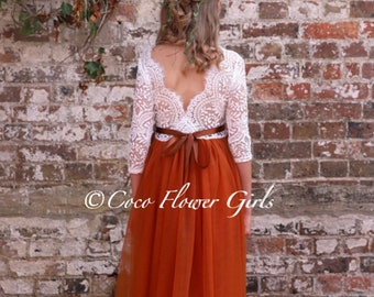 Three Quarter Sleeve Classic Bohemian Style Long Length Lace Flower Girl Bridesmaid Dress - Burnt Orange Rustic Autumnal Boho Wedding