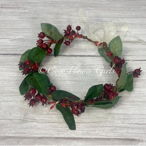 Faux Winter Red Berries Emerald Green Leaves Garland Head Crown - Rustic Bridal Flower Girls