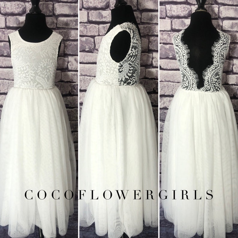 Sleeveless Classic Bohemian Style Long Length Lace Flower Girl Bridesmaid Dress White image 4